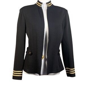 St John Collection Black Knit Jacket Women’s Size 6 Gold Trim Military Style